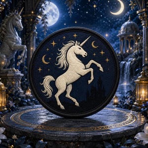 Può includere: Una toppa ricamata circolare raffigurante un unicorno color crema che si impenna su uno sfondo blu navy scuro. Il design include stelle e lune crescenti ricamate in filo dorato attorno all'unicorno, con un bordo nero cucito.