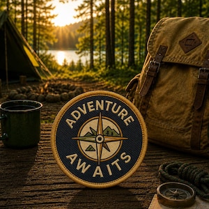 Iron-On Adventure Awaits Patch/Direction Patch/Applique for Jacket & Backpack/Clothing/Nature Badge/Hiking Patch/Camping Patch/Compass Patch