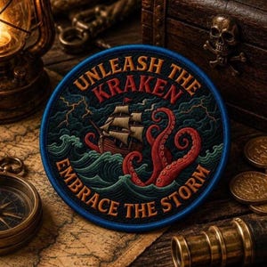 May include: A circular embroidered patch featuring a sailing ship on turbulent dark green waves with a large red kraken tentacle emerging from the water. The text UNLEASH THE KRAKEN and EMBRACE THE STORM is stitched in orange around the border.