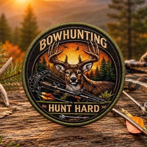 Peut inclure: Un écusson brodé circulaire représentant un cerf brun aux grands bois, un arc à poulies et un paysage forestier au coucher du soleil. Le texte BOWHUNTING est arqué en haut et le texte HUNT HARD est imprimé en bas avec une icône de flèche.