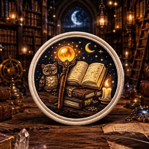 May include: A circular embroidered patch featuring a detailed illustration of a brown owl standing next to a glowing staff, an open book, a stack of closed books, a lit candle, and a crescent moon against a dark starry night sky background.