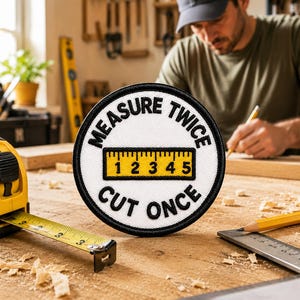 May include: A circular embroidered patch with a white background and a black border. The text "MEASURE TWICE" is arched at the top and "CUT ONCE" at the bottom in black. A yellow ruler graphic with black numbers 1 through 5 is in the center.