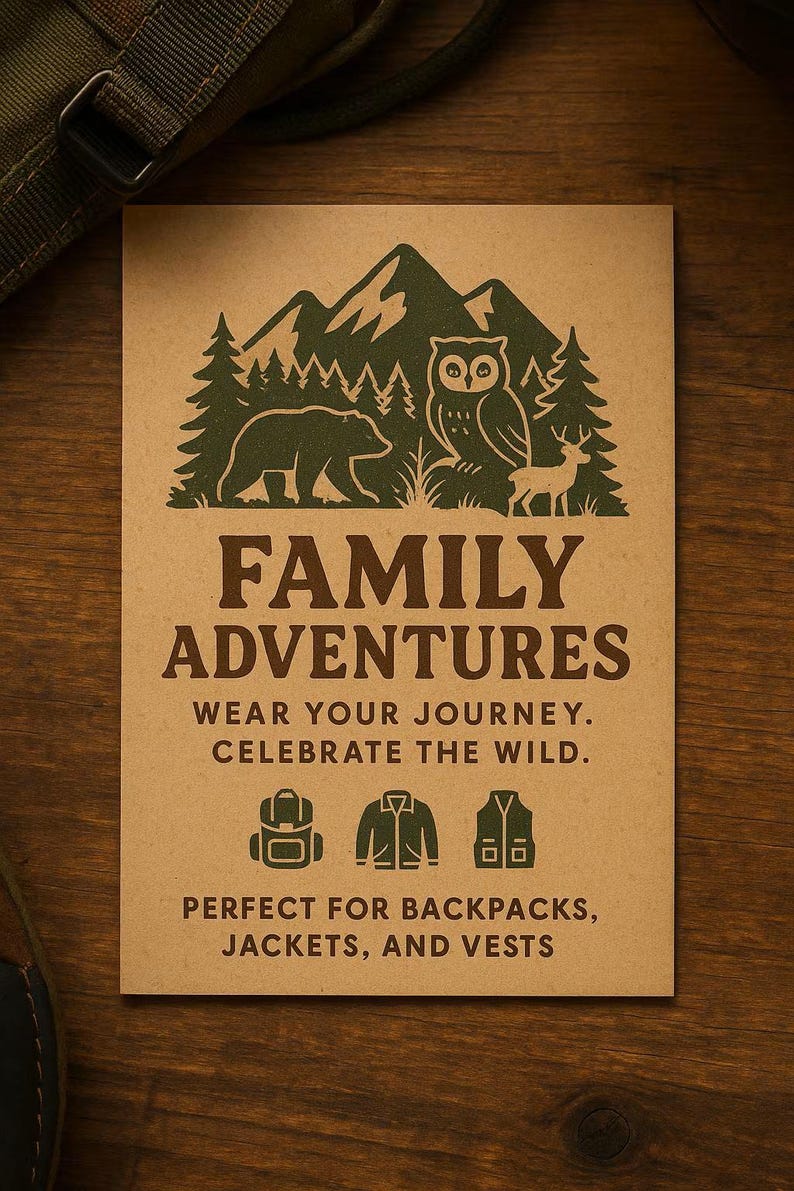 May include: A rectangular tan card featuring dark green illustrations of mountains, pine trees, a bear, an owl, and a deer. The text reads: FAMILY ADVENTURES, WEAR YOUR JOURNEY. CELEBRATE THE WILD. Icons of a backpack, jacket, and vest are displayed above the text: PERFECT FOR BACKPACKS, JACKETS, AND VESTS.
