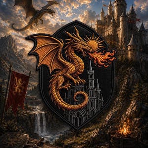 May include: A shield-shaped patch featuring an embroidered golden dragon perched atop a dark grey gothic castle tower. The dragon is breathing orange flames toward a golden sun. The background depicts a landscape with a castle, mountains, and a waterfall.