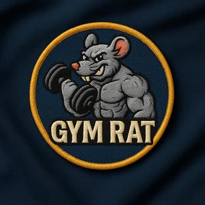 以下が含まれることがあります： ダンベルを持ち上げる筋肉質な灰色のネズミが描かれた刺繍パッチ。ネズミは決意した表情をしており、金色の縁取りのある濃い青色の背景に配置されています。「GYM RAT」の文字がネズミの下に表示されています。