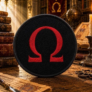 Peut inclure: Un écusson circulaire noir présentant une lettre grecque Oméga rouge brodée bien en évidence au centre. L'écusson possède une bordure cousue et une surface texturée, affichant le caractère clairement avec un fil rouge vif et audacieux.