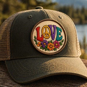 May include: An olive green trucker cap with a tan mesh back. The front displays a circular patch with the word "LOVE" in colourful letters, a peace sign, and floral accents. A stylish accessory for outdoor activities.