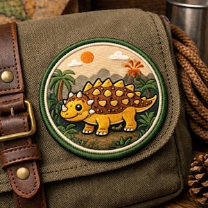 May include: Embroidered circular patch depicting a cartoon dinosaur with yellow and brown spots, set in a landscape with palm trees, a sun, and clouds. The patch has a green border and is on a green canvas bag with a brown leather strap.