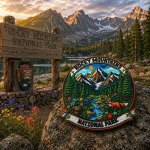 May include: An embroidered patch depicting a mountain scene with a river, trees, and a fox. The patch is labelled "Rocky Mountains National Park" and "National Park". A wooden sign for the park is also visible in the background.