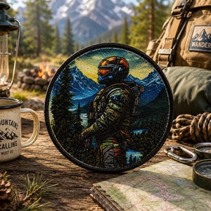 May include: A circular embroidered patch featuring a detailed scene of a futuristic soldier in a helmet standing in a mountainous forest landscape. The patch has a black border and displays vibrant blue, green, and orange thread colours.