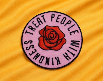 Treat People With Kindness Patch Red Rose Iron-On Sew-On Applique for Clothing Jackets Bags Backpacks, Boho Vibes, Positive Gift