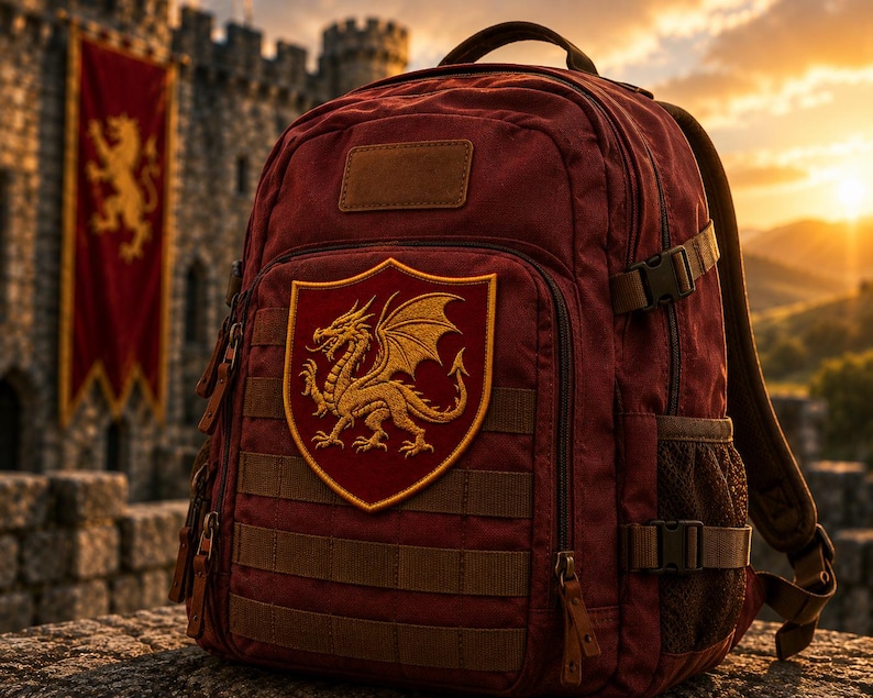 K&ouml;nnte beinhalten: Ein dunkelroter Rucksack mit einem auff&auml;lligen schildf&ouml;rmigen Aufn&auml;her, der einen goldenen Drachen zeigt. Der Rucksack verf&uuml;gt &uuml;ber mehrere horizontale Gurtb&auml;nder, seitliche Netztaschen, verstellbare Schnallen und ein rechteckiges Feld oben.