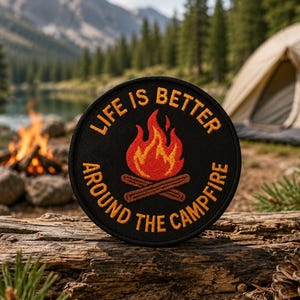 Può includere: Una toppa circolare nera con la scritta "LIFE IS BETTER AROUND THE CAMPFIRE" in arancione. La toppa presenta una grafica stilizzata di un falò con fiamme arancioni e rosse sopra tronchi marroni incrociati. La toppa è su un tronco di legno stagionato.