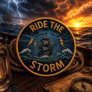 May include: A circular embroidered patch featuring a dark blue background with a sailing ship, crashing waves, and yellow lightning bolts. The text RIDE THE STORM is stitched in yellow thread along the top and bottom edges of the circular border.