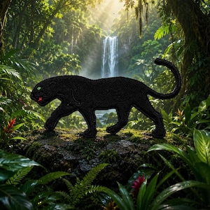 May include: A black panther patch featuring a textured, embroidered surface with a long, curved tail, a bright green eye, and a small red accent on the mouth, depicted in a prowling stance with all four legs positioned on a mossy rock surface.