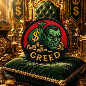 Puede incluir: Un parche bordado circular que presenta un personaje de piel verde con una expresión de enojo, una bolsa de dinero verde grande con un signo de dólar amarillo y pilas de monedas de oro. La palabra GREED está bordada en amarillo en la parte inferior.