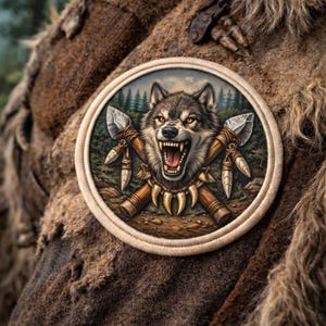 Könnte beinhalten: Runder Aufnäher mit einem knurrenden Wolf mit gekreuzten Tomahawks und einer Zahnkette. Der Aufnäher hat einen cremefarbenen Rand und ist vor einem Hintergrund aus braunem, strukturiertem Stoff und Fell angebracht. Der Wolf hat graues Fell und gelbe Augen.