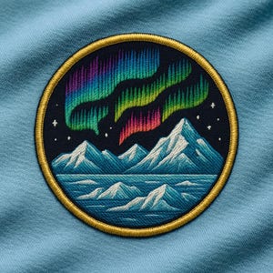 Puede incluir: Parche bordado que representa la Aurora Boreal sobre montañas nevadas y una masa de agua. El parche tiene un borde dorado y está sobre un fondo de tela azul claro. El diseño incluye estrellas en el cielo nocturno.