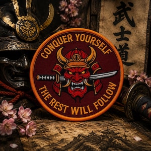 Oni Samurai Patch | Japanese Demon Mask and Katana Iron-On or Sew-On Badge | Warrior Spirit Applique for Clothing Vest/Jacket Hats Backpack
