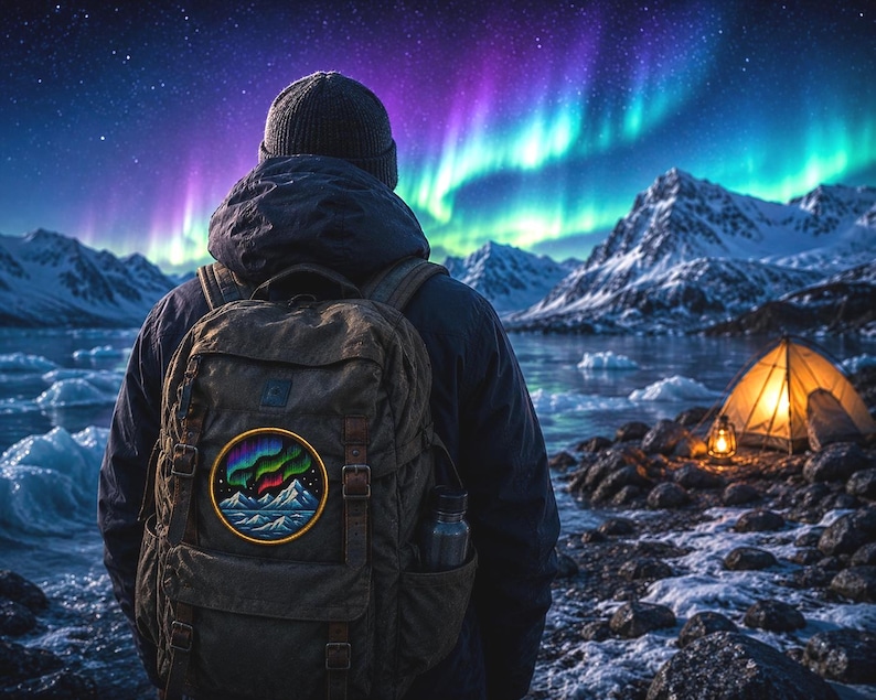 May include: A circular embroidered patch featuring a vibrant depiction of the aurora borealis over snow-capped mountains and icy waters. The patch has a yellow border and is attached to the back of a dark olive green canvas backpack with straps.