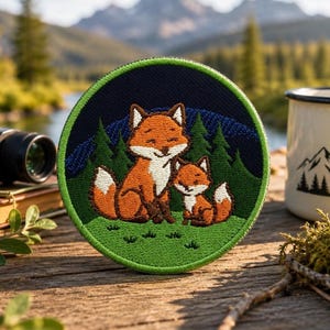 May include: A circular embroidered patch featuring a large orange fox and a smaller orange fox sitting together on a green grassy field. The background shows dark blue night sky and green pine trees. The patch has a bright green stitched border.