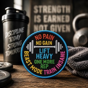 Könnte beinhalten: Ein runder, schwarzer, bestickter Aufnäher mit blauem Rand, der eine weiße Hantelgrafik und mehrfarbigen Text zeigt: NO PAIN NO GAIN, LIFT HEAVY, ONE MORE REP, BEAST MODE und TRAIN INSANE in den Farben Orange, Gelb, Blau, Grün und Pink.