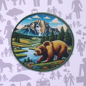 Brown Bear Patch Embroidered Iron-On Sew-On National Park Applique for Backpack Vest Jacket, Outdoor Adventure, Mountain, Nature Gift