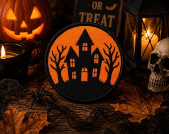 Iron-On Halloween Haunted House Patch/Paranormal Badge/Sew-On Applique for Backpacks & Jackets/Clothing/Cryptid Badge/Forest/Myths Legends