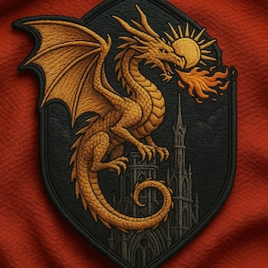 May include: Embroidered patch featuring a golden dragon with outstretched wings, perched atop a castle, breathing fire towards a sun. The patch is on a black shield shape, set against a red fabric background.