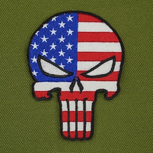 Skull American USA Flag Iron-on Patch Applique, Vest Jacket Clothing, US Military Patriotic Biker MC Cool & Fun