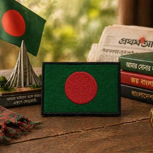 May include: A rectangular embroidered patch featuring the flag of Bangladesh, which consists of a solid green background with a centered red circle. The patch has a black border and is displayed alongside a miniature monument and books.