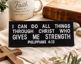 Filippenzen 4:13 patch bijbelvers/opstrijkpatch/christelijke motorrijders/religieus geloof/geborduurde opnaaiwerk appliqué voor kleding vest/jas hoeden