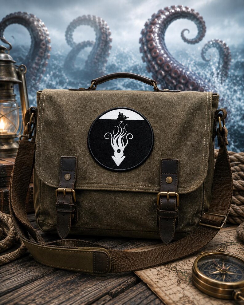 May include: An olive green canvas messenger bag with a top handle and adjustable shoulder strap. The front flap features two brown leather buckle straps and a circular patch depicting a white silhouette of a kraken beneath a small boat.