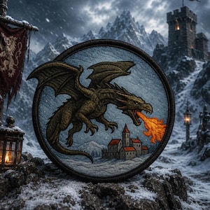 May include: A circular embroidered patch featuring a dark green dragon in flight, breathing orange flames toward a small stone village. The background depicts a snowy mountain landscape with a castle and a lantern, all rendered in shades of blue and grey.