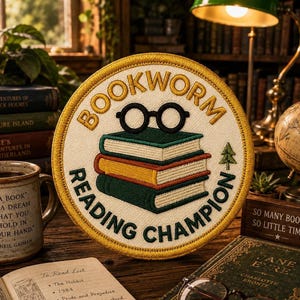 Peut inclure: Un écusson brodé circulaire avec un fond crème et une bordure jaune. Il présente une pile de trois livres vert foncé et jaune, surmontée de lunettes noires. Le texte indique BOOKWORM READING CHAMPION en lettres vert foncé.