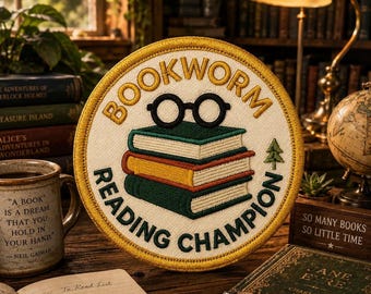 Bookworm Reading Champion Patch/Iron-On Patch/Merit Badge Scout Style/Camping Hiking/Kids Patches/Sew-On Applique for Clothing Vest Hat Gear