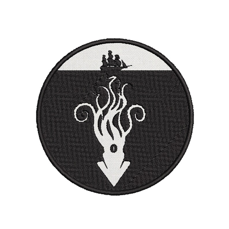 May include: A circular embroidered patch featuring a black and white design. The upper section shows a small ship silhouette on a white horizon, while the lower section depicts a large white kraken or squid with tentacles extending upward.