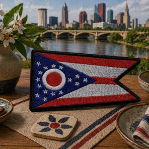 May include: Embroidered Ohio state flag patch with red, white, and blue colors. The patch is on a striped placemat with a coaster. A vase of flowers and a bowl of nuts are also in the image.