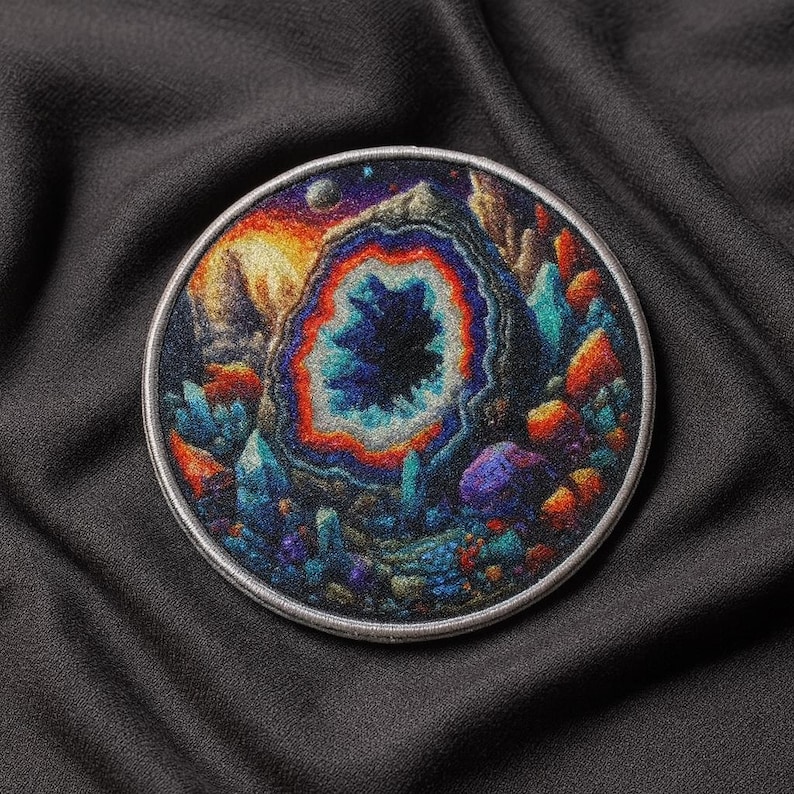 May include: A round patch featuring a detailed illustration of a geode. The geode has a dark blue center, surrounded by layers of red, orange, and blue. The patch is bordered with a silver trim and set against a dark gray fabric.