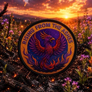 May include: A circular embroidered patch featuring a purple and orange phoenix with wings spread wide, surrounded by flames. The text RISING FROM THE ASHES is stitched in purple along the top border against an orange background.