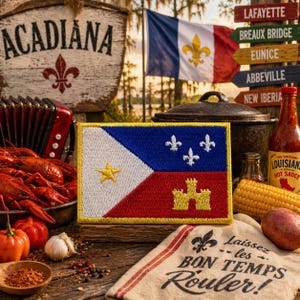 May include: A colorful embroidered patch featuring a flag design with blue, white, and red sections, a yellow star, and a yellow castle. The image includes a sign that says "Acadiana", a flag, crawfish, and a bottle of hot sauce.