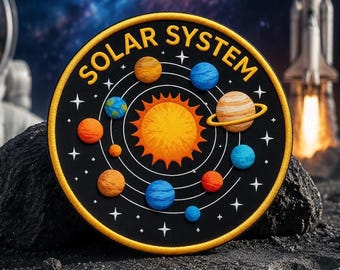 May include: A round black patch with the words "SOLAR SYSTEM" in yellow. The patch features a sun and planets in various colors. The background shows a starry sky and a rocket ship.