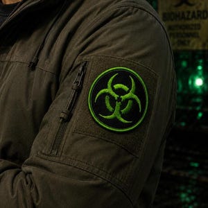 May include: A dark olive green jacket sleeve featuring a circular embroidered patch with a bright neon green biohazard symbol on a black background. The sleeve includes a vertical zippered pocket with a pull cord located next to the patch.