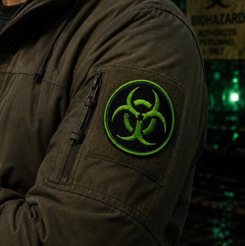 May include: A dark olive green jacket sleeve featuring a circular embroidered patch with a bright neon green biohazard symbol on a black background. The sleeve includes a vertical zippered pocket with a pull cord located next to the patch.