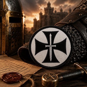 May include: A round patch with a black cross and sword design, set against a white background. The patch is next to a medieval helmet, chainmail, a sword, and a document with a wax seal. The scene evokes a historical or fantasy theme.