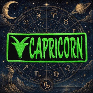 May include: A black patch with the word "CAPRICORN" in bright green, featuring a green goat graphic. The patch is set against a starry night sky background with zodiac symbols and constellations.