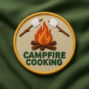 Peut inclure: Écusson brodé sur le thème du feu de camp. L'écusson représente un feu de camp avec des flammes orange et jaunes, deux guimauves sur des bâtons et les mots "CAMPFIRE COOKING" en vert. L'écusson a un fond beige avec une bordure jaune.