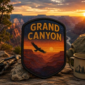 Peut inclure: Un écusson brodé rectangulaire à bordure noire portant le texte GRAND CANYON en jaune. Le motif représente un coucher de soleil sur un paysage de canyon avec la silhouette d'un oiseau en vol devant un soleil orange et jaune vif.