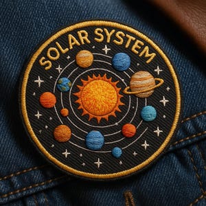 May include: Embroidered patch depicting the solar system. The patch has a black background with the words "SOLAR SYSTEM" in gold lettering. Planets in orange, blue, and brown orbit an orange sun. White stars are scattered around the planets.