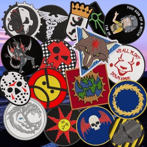 May include: A collection of various embroidered patches featuring diverse designs including skulls, a wolf head, a clown with text, a globe, a hockey mask, a sun, and other graphic symbols in circular, triangular, and square shapes.